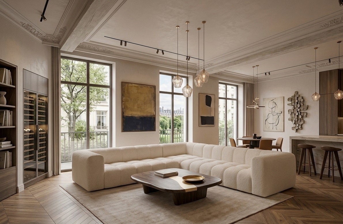 Elegancki, jasny salon w stylu Quiet Luxury z beżową, modułową sofą bouclé i widokiem na park przez wysokie okna.